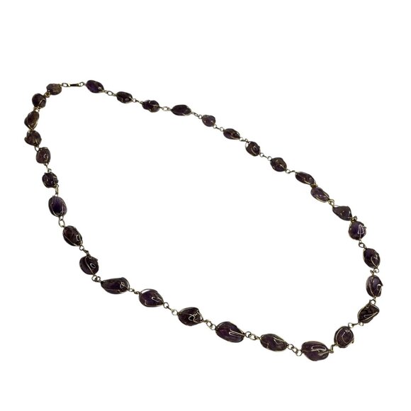 Purple Beaded Necklace With Gold Wire Wrap Long Layered Style Statement Jewelry - Picture 3 of 4